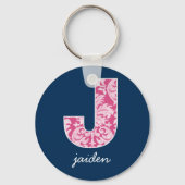 Monogram van Navy en Hot Pink Damask Pattern Sleutelhanger (Voorkant)