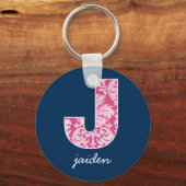 Monogram van Navy en Hot Pink Damask Pattern Sleutelhanger (Voorkant)