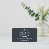 Monogram van Navy en Silver Witchy Haarstylist Visitekaartje (Staand voorkant)