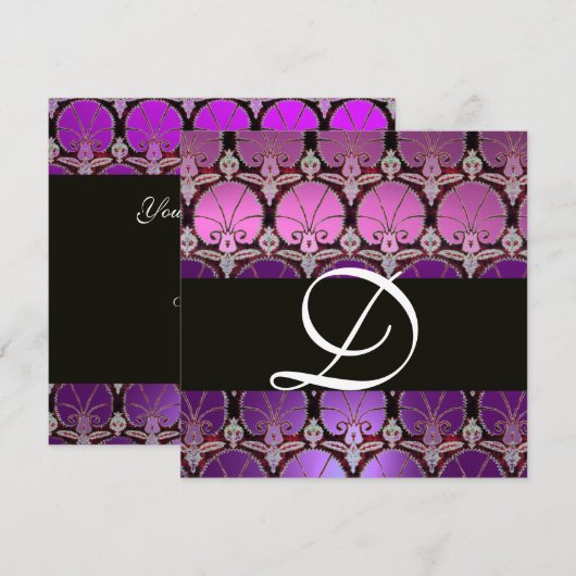 MONOGRAM VAN PAARSE VIOLET ZWARTE DAMASKCARNATIES KAART (Voorkant / Achterkant)