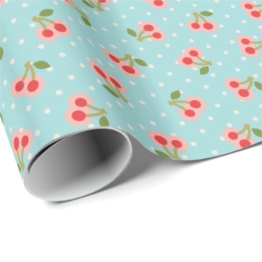 Monogram van Retro girly turquoise cherry Cadeaupapier (Rol Hoek)