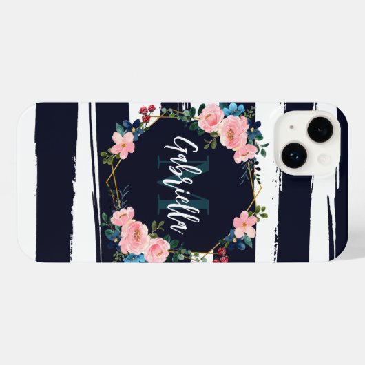 Monogram van strepen en bloemig Lijst iPhone Hoesje (Achterkant horizontaal)