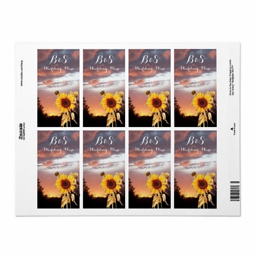 MONOGRAM VAN SUNFLOWER EN SUMMER SUNSET WEDING ETIKET (Full Sheet)