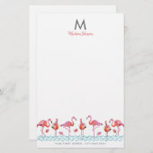 Monogram van Trendy Flamingo Pink & Blue bird Briefpapier (Voorkant / Achterkant)