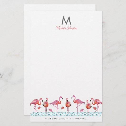 Monogram van Trendy Flamingo Pink & Blue bird Briefpapier (Voorkant / Achterkant)