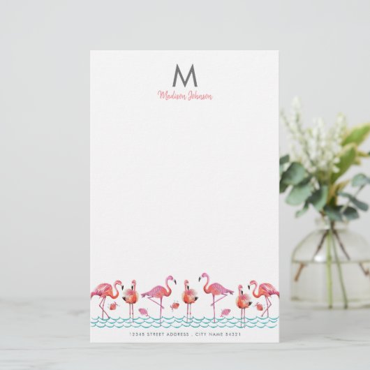 Monogram van Trendy Flamingo Pink & Blue bird Briefpapier (Staand voorkant)