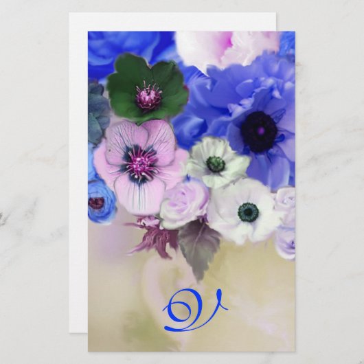 MONOGRAM VAN WITTE BLAUWE ROZEN EN ANEMONSENSTROME BRIEFPAPIER (Voorkant / Achterkant)