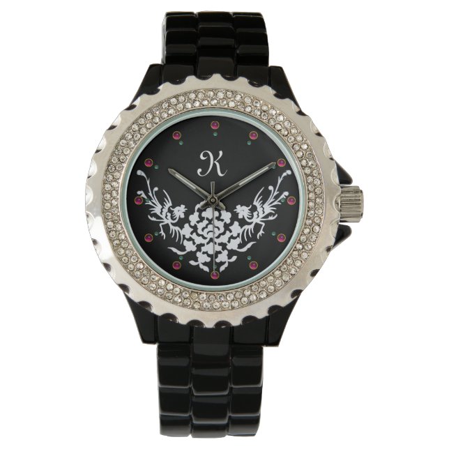 MONOGRAM VAN ZWARTE WITTE GRIFFINEN EN STROMEN HORLOGE (Voorkant)