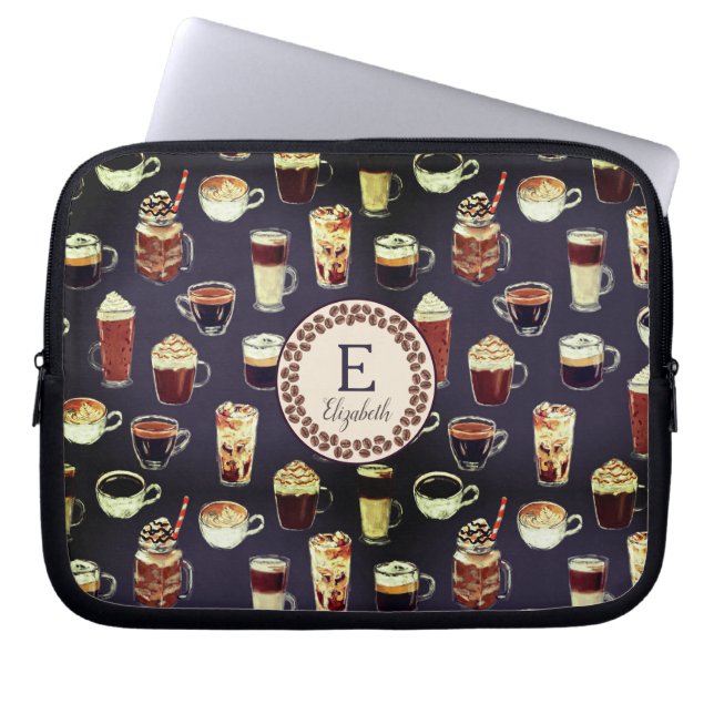 Monogram Venti Coffee Lover Herfst Donker Paars Laptop Sleeve (Voorkant)