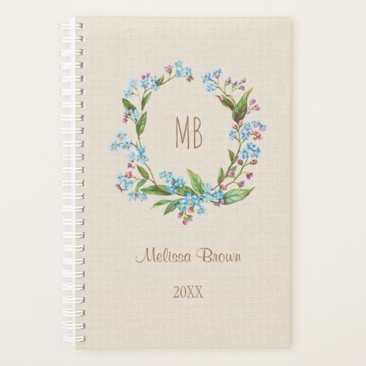 Monogram vergeet-me-niet Wreath Blue Beige Rustic Planner (Voorkant)