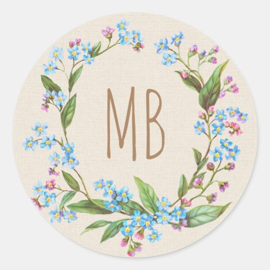 Monogram vergeet-me-niet Wreath Blue Beige Rustic Ronde Sticker (Voorkant)