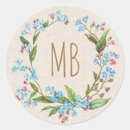 Monogram vergeet-me-niet Wreath Blue Beige Rustic Ronde Sticker