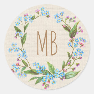 Monogram vergeet-me-niet Wreath Blue Beige Rustic Ronde Sticker