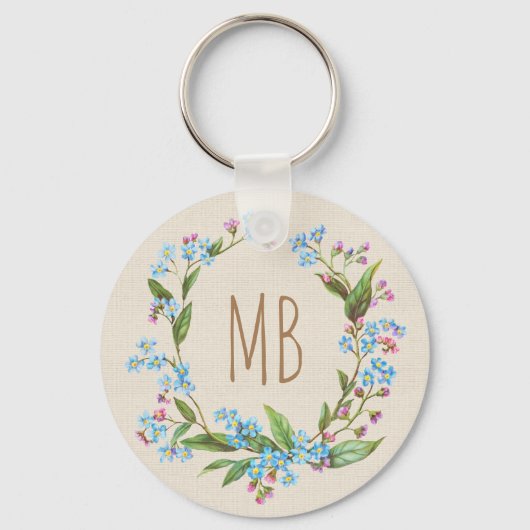 Monogram vergeet-me-niet Wreath Blue Cute Rustic Sleutelhanger (Voorkant)