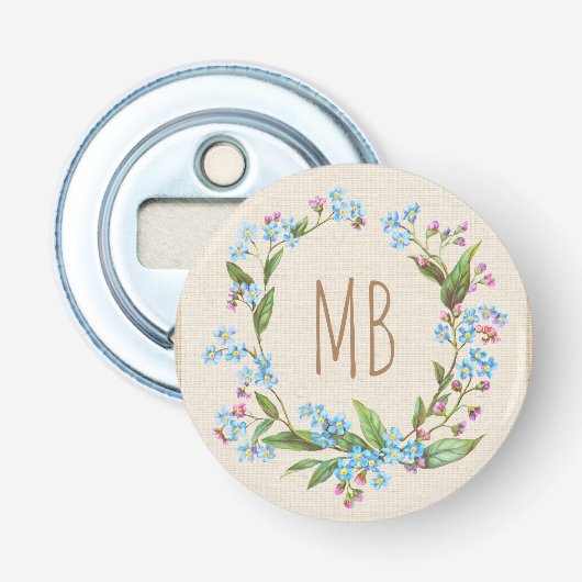 Monogram vergeet-me-niet Wreath Blue Flowers Rusti Button Flesopener (Voorkant)