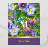 Monogram Verjaardag Drie Violet Bloemen Aquarel Folie Feestdagen Briefkaart (Voorkant)