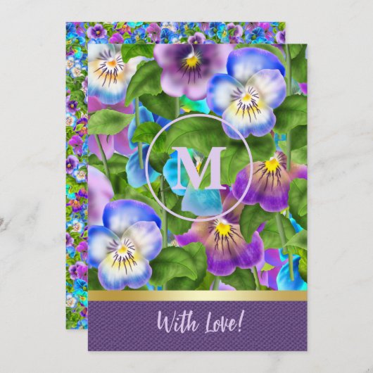 Monogram Verjaardag Drie Violet Bloemen Watercolor Kaart (Voorkant / Achterkant)