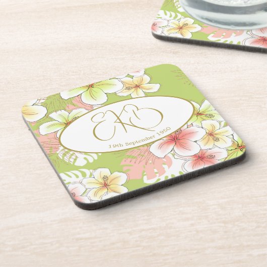 Monogram Verjaardag Elegant Tropisch Bier Onderzetter (Linkerzijde)