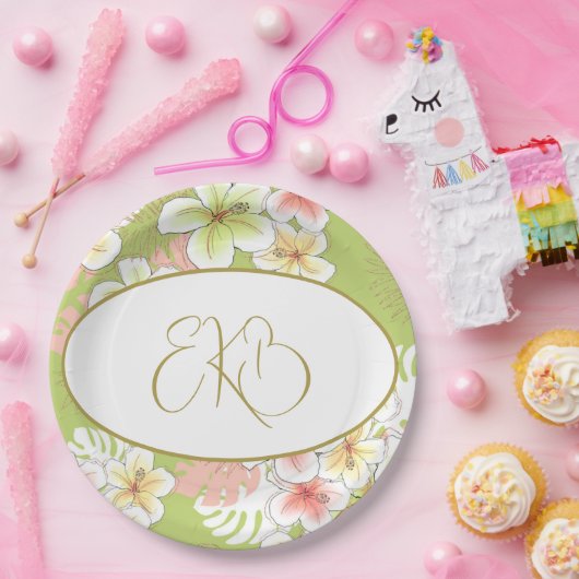 Monogram Verjaardag Elegant Tropisch Papieren Bordje (Feest)