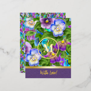 Monogram Verjaardag Pansy Violet Bloemen Waterverf Folie Feestdagen Briefkaart