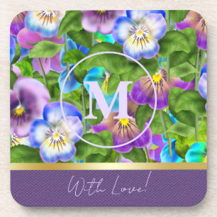 Monogram Verjaardag Pansy Violet Flowers Waterverf Bier Onderzetter