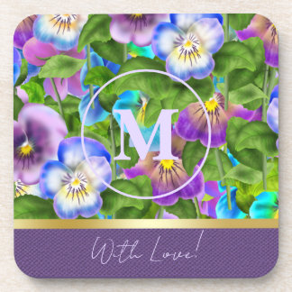 Monogram Verjaardag Pansy Violet Flowers Waterverf Bier Onderzetter