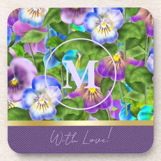 Monogram Verjaardag Pansy Violet Flowers Waterverf Bier Onderzetter (Voorkant)