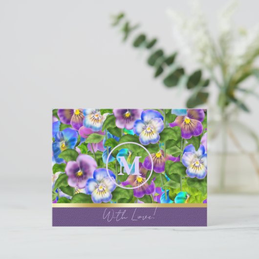 Monogram Verjaardag Pansy Violet Flowers Waterverf Briefkaart (Staand voorkant)