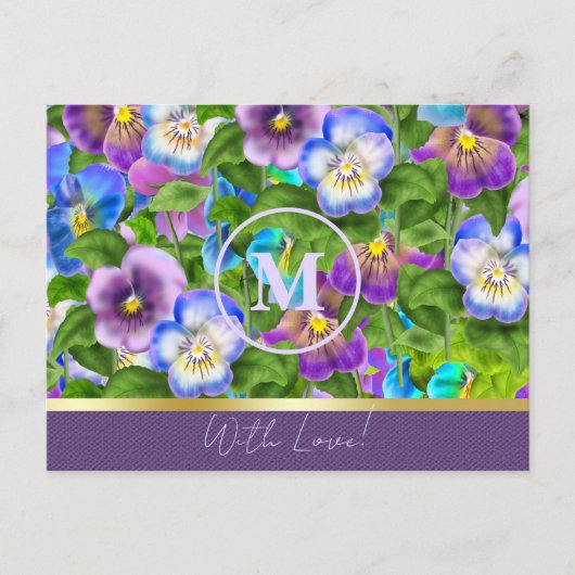 Monogram Verjaardag Pansy Violet Flowers Waterverf Briefkaart (Voorkant)