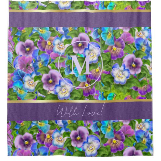 Monogram Verjaardag Pansy Violet Flowers Waterverf Douchegordijn (Voorkant)