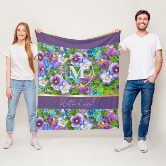 Monogram Verjaardag Pansy Violet Flowers Waterverf Fleece Deken (In situ)