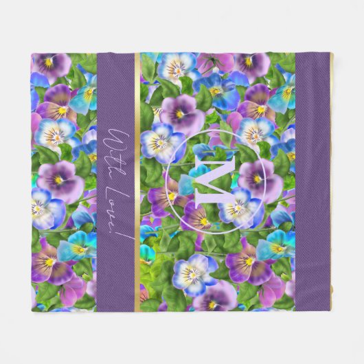Monogram Verjaardag Pansy Violet Flowers Waterverf Fleece Deken (Voorkant (Horizontaal))