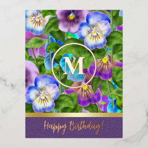 Monogram Verjaardag Pansy Violet Flowers Waterverf Folie Feestdagen Briefkaart