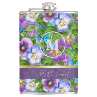 Monogram Verjaardag Pansy Violet Flowers Waterverf Heupfles