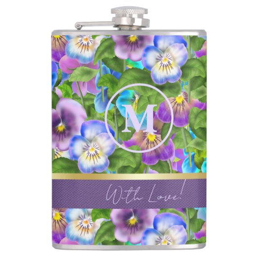 Monogram Verjaardag Pansy Violet Flowers Waterverf Heupfles (Voorkant)