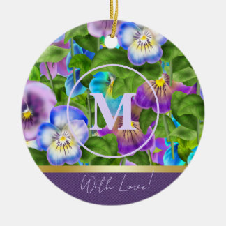 Monogram Verjaardag Pansy Violet Flowers Waterverf Keramisch Ornament