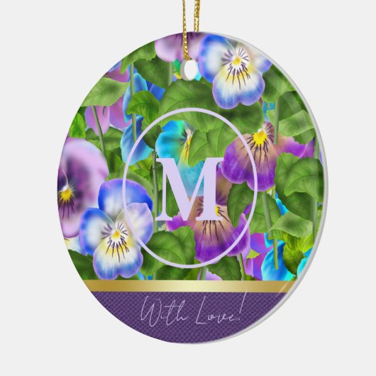 Monogram Verjaardag Pansy Violet Flowers Waterverf Keramisch Ornament (Links)