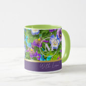 Monogram Verjaardag Pansy Violet Flowers Waterverf Mok (Voorkant rechts)