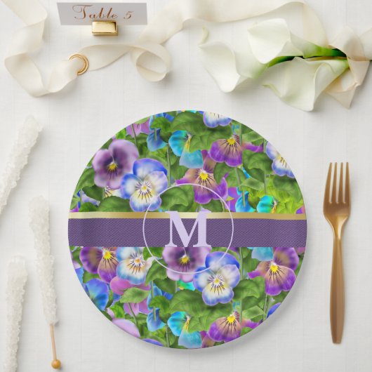 Monogram Verjaardag Pansy Violet Flowers Waterverf Papieren Bordje (Huwelijk)