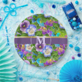 Monogram Verjaardag Pansy Violet Flowers Waterverf Papieren Bordje (Feest)