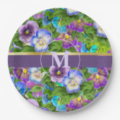 Monogram Verjaardag Pansy Violet Flowers Waterverf Papieren Bordje (Voorkant)