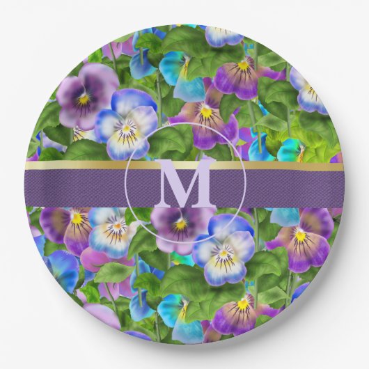 Monogram Verjaardag Pansy Violet Flowers Waterverf Papieren Bordje (Voorkant)