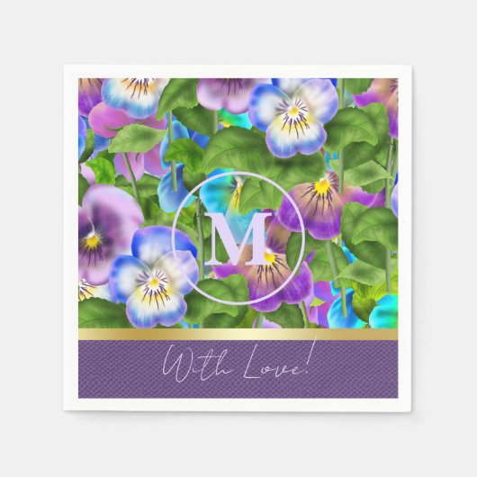Monogram Verjaardag Pansy Violet Flowers Waterverf Servet (Voorkant)