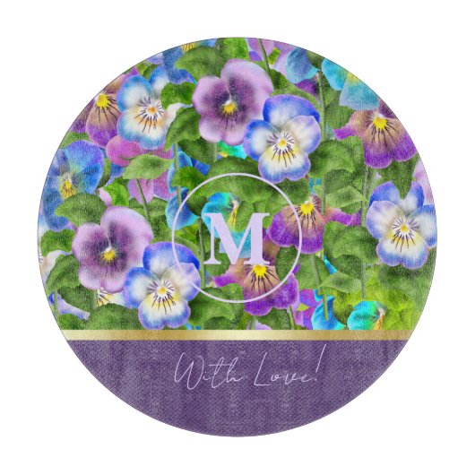 Monogram Verjaardag Pansy Violet Flowers Waterverf Snijplank (Voorkant)