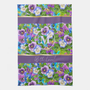 Monogram Verjaardag Pansy Violet Flowers Waterverf Theedoek