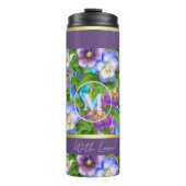 Monogram Verjaardag Pansy Violet Flowers Waterverf Thermosbeker (Voorkant)