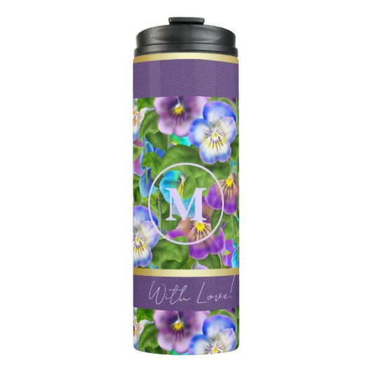 Monogram Verjaardag Pansy Violet Flowers Waterverf Thermosbeker (Voorkant)