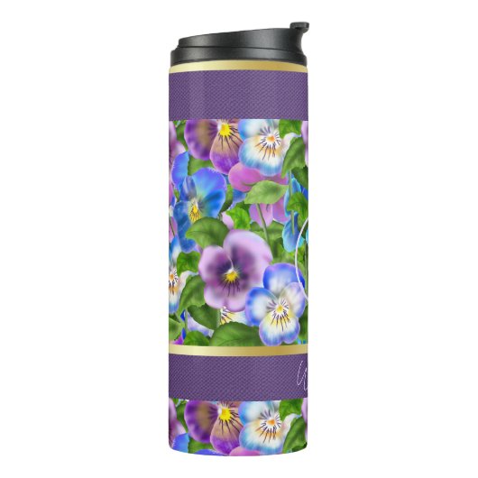 Monogram Verjaardag Pansy Violet Flowers Waterverf Thermosbeker (Gedraaid links)