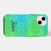 Monogram verloop blauwe en groene glitters glans iPhone hoesje (Achterkant horizontaal)