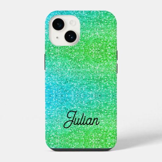 Monogram verloop blauwe en groene glitters glans iPhone hoesje (Achterkant)